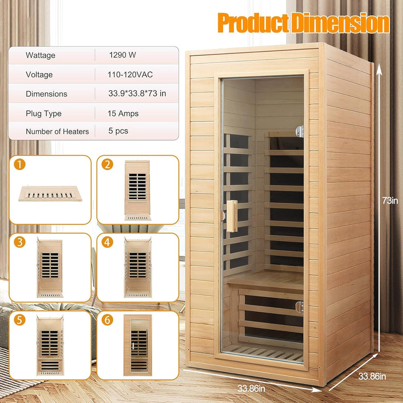 Far Infrared Sauna, 1 Person Infrared Sauna, Canadian Hemlock Wood 1290W Low-Emf Infrared Saunas for Home with Bluetooth Speakers, Reading Lamp